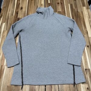 LL Bean Signature Sweatshirt Womens M Gray Waffle Knit Mock Neck Side Zippers